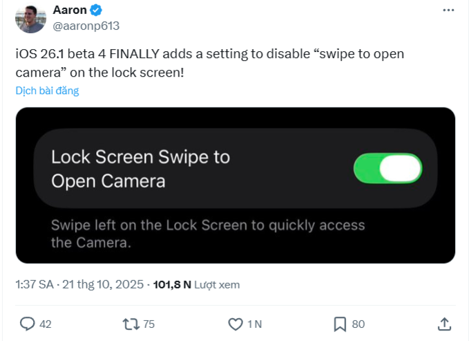 Với iOS 26.1, Apple cuối cùng mang đến giải pháp, cho phép người dùng chọn chỉ sử dụng 1 hoặc cả 3 cách để mở camera