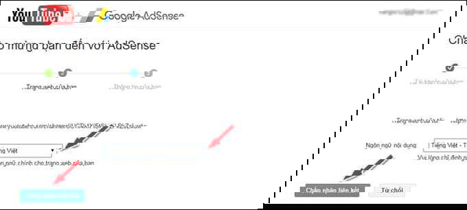 Sau khi chọn ngôn ngữ nội dung là Tiếng Việt, nhấn Chấp nhận liên kết để tiếp tục