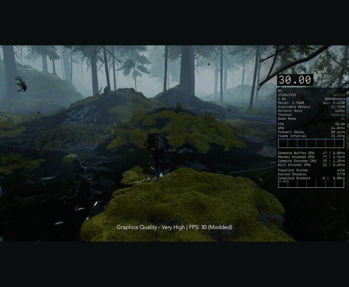 Death Stranding là tựa game tiếp theo được thử nghiệm, với độ phân giải đầu vào 784 × 540, upscale lên 1567 × 1080, cài đặt đồ họa thấp và khóa 30 FPS qua MetalFX