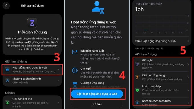 Nhấn vào Bật Thời gian sử dụng và chọn Hoạt động ứng dụng & web để kích hoạt tính năng theo dõi
