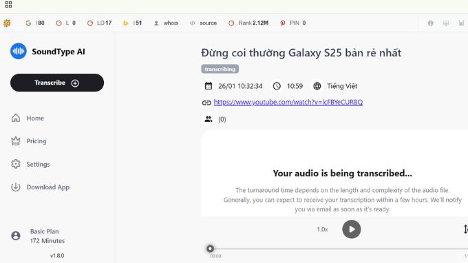 Chuyển video thành văn bản miễn phí bằng công cụ SoundType AI