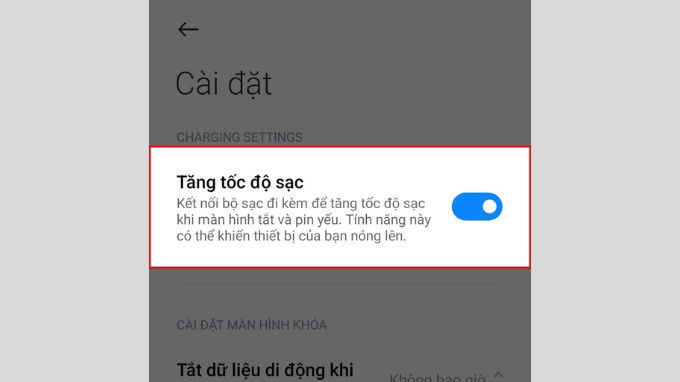 Bước 2 bật tính năng tăng tốc độ sạc