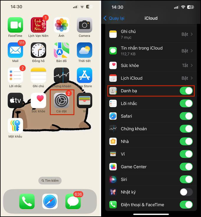 Cho phép Danh bạ được đồng bộ để sao lưu số điện thoại vào sim trên iPhone