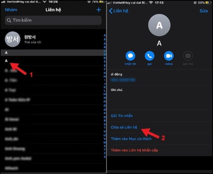 Chọn số điện thoại muốn chia sẻ để thực hiện cách lưu số điện thoại vào sim trên iPhone 6