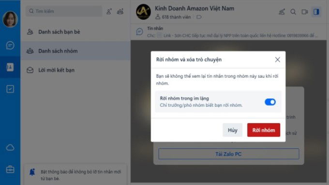 Cách rời nhóm Zalo không bị phát hiện trên trình duyệt web