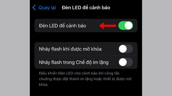 Tắt tùy chọn Đèn LED để cảnh báo