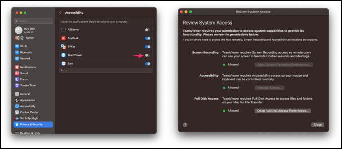 Cách cấp quyền truy cập Teamviewer trên MacBook