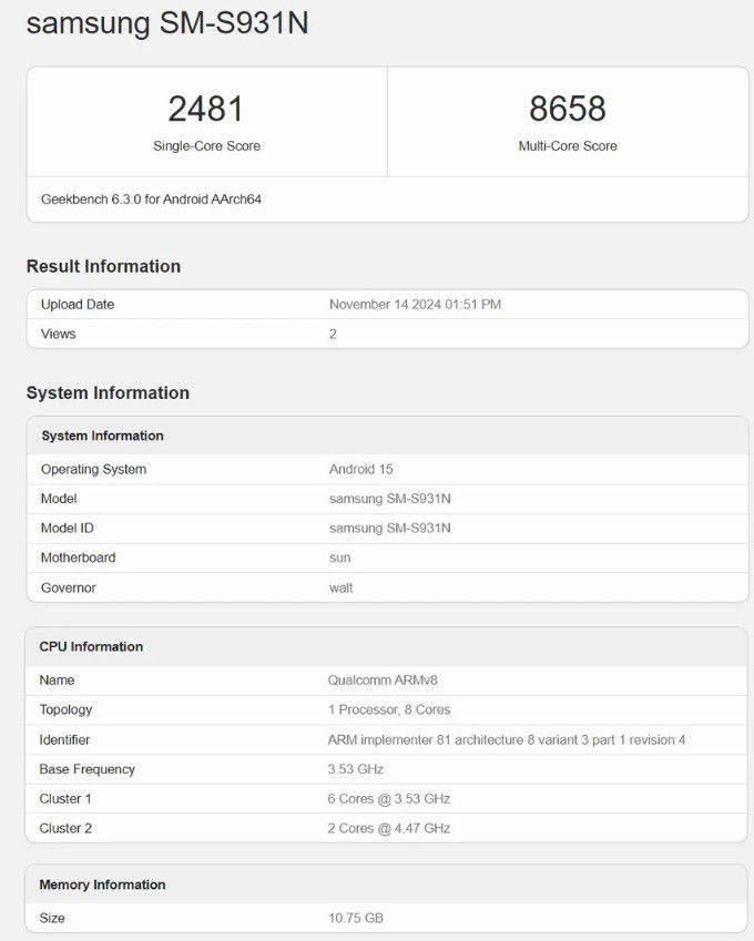 Điểm Geekbench của Samsung Galaxy S25 tiêu chuẩn