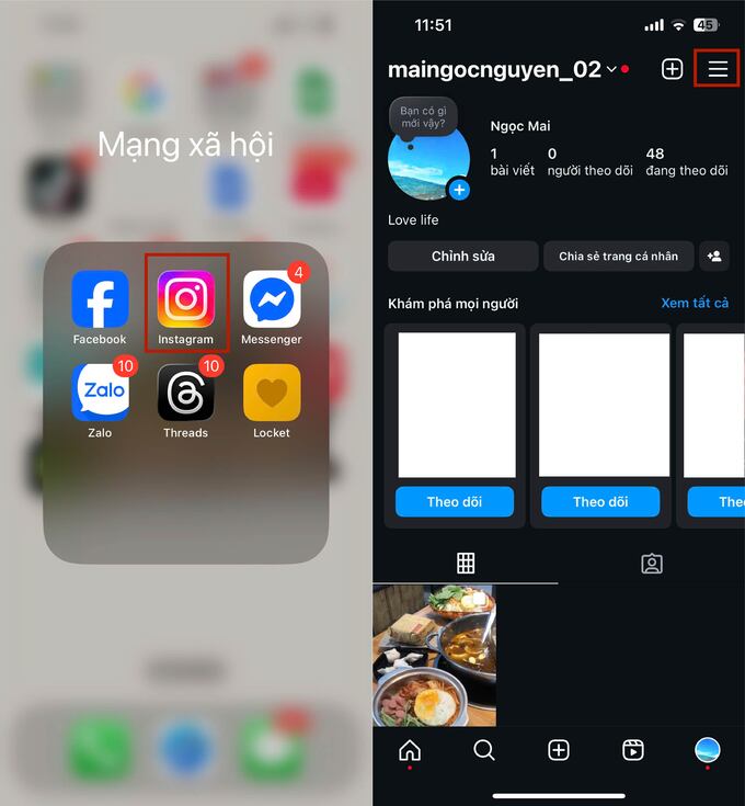 Mở ứng dụng Instagram