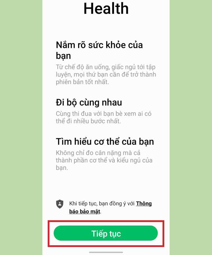 Chọn 'Tiếp tục' để đồng ý với Thông báo bảo mật