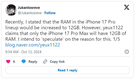 iPhone 17 Pro Max là mẫu iPhone 2025 duy nhất có RAM đến 12GB?