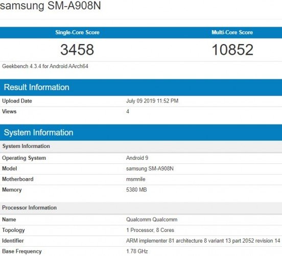Galaxy A90 5G lộ cấu hình trên Geekbench với chip Snapdragon 855
