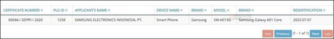 Galaxy A01 Core đã được phát hiện trên trang web chứng nhận viễn thông Indonesia với số model SM-A013G