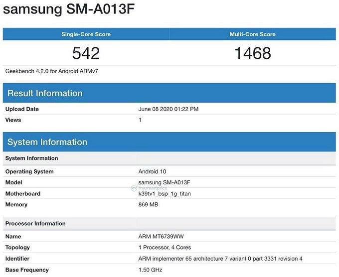 Galaxy A01 Core từng xuất hiện trên Geekbench với chip MT6739 đã 3 năm tuổi