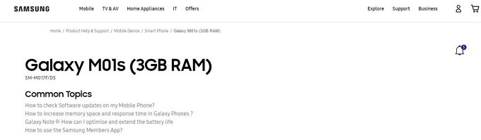 Galaxy M01s sẽ đi cùng 3GB RAM cùng viên pin lớn