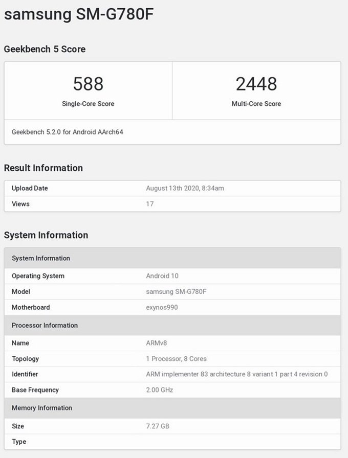 Galaxy S20 Fan Edition bất ngờ lộ diện trên trang đo hiệu năng Geekbench với chip Exynos 990.