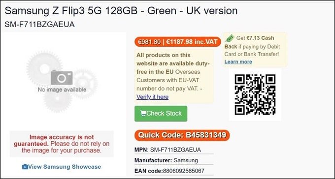 Galaxy Z Flip3 được đăng tải với giá khởi điểm chỉ 1.187 EUR (khoảng 32 triệu đồng)
