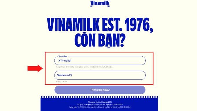Điền thông tin của bạn vào các ô trống trên website của Vinamilk