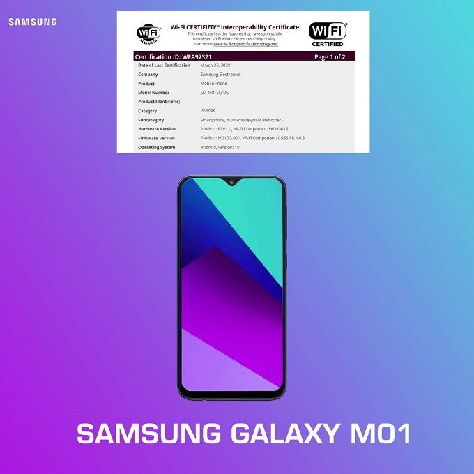 Chứng nhận Wifi trước đó của Galaxy M01