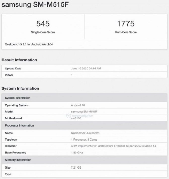 Thông tin của Galaxy M51 bị lộ trên trang Geekbench