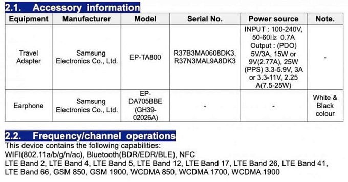 bảng thông số trên FCC cho thấy công suất sạc 25W