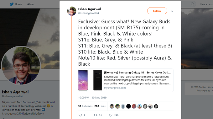 Tweet về màu mới của Galaxy S11