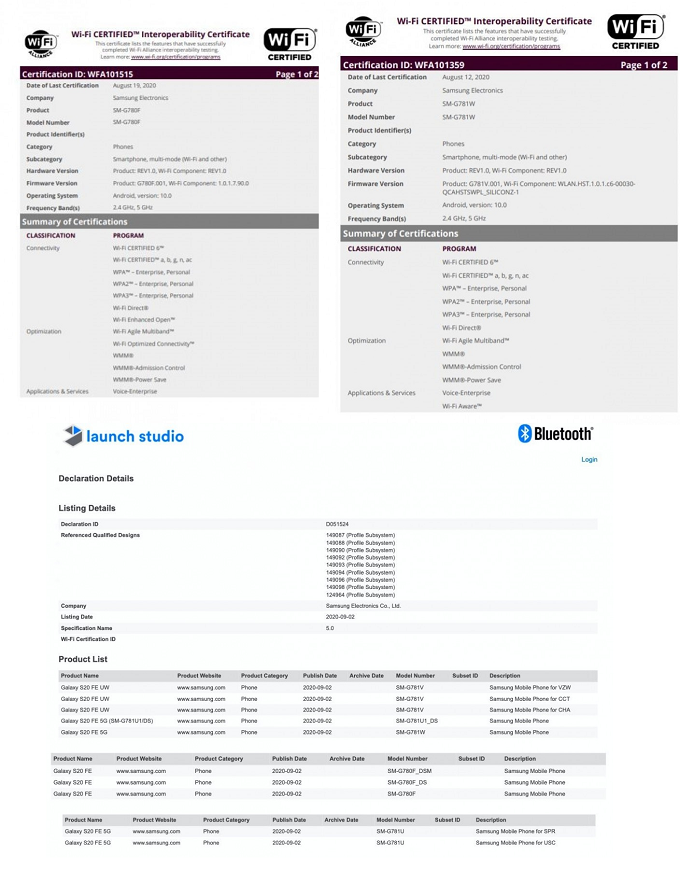Chứng nhận wifi và bluetooth sig của Galaxy S20 Fan Edition