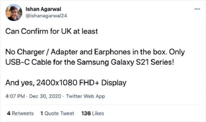 Bài đăng trên Twitter cho biết Samsung sẽ không bán kèm tai nghe