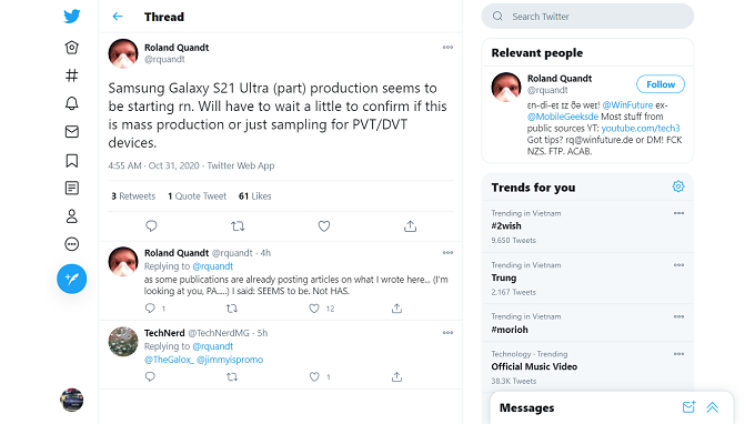 Thông tin trên Twitter về việc Galaxy S21 Ultra đã vào dây chuyền sản xuất