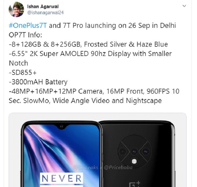 Thông số kỹ thuật của OnePlus 7T và One Plus 7T Pro đã bất ngờ lộ diện. 