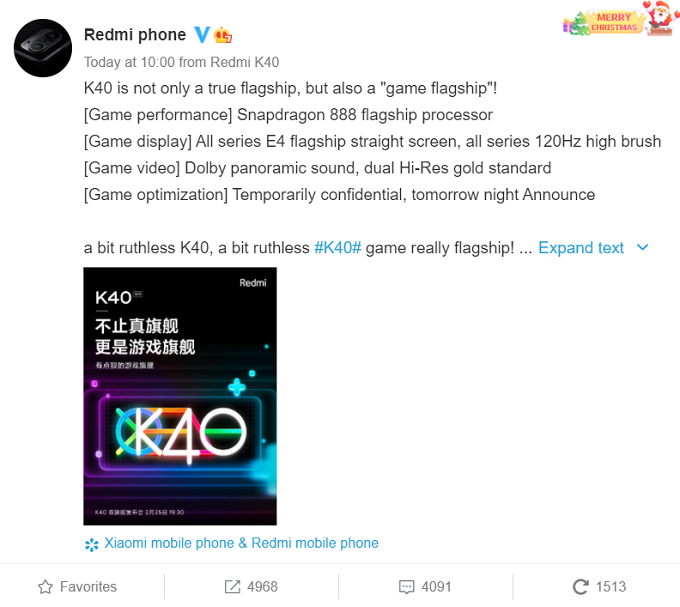 Bài đăng trên Weibo của Xiaomi