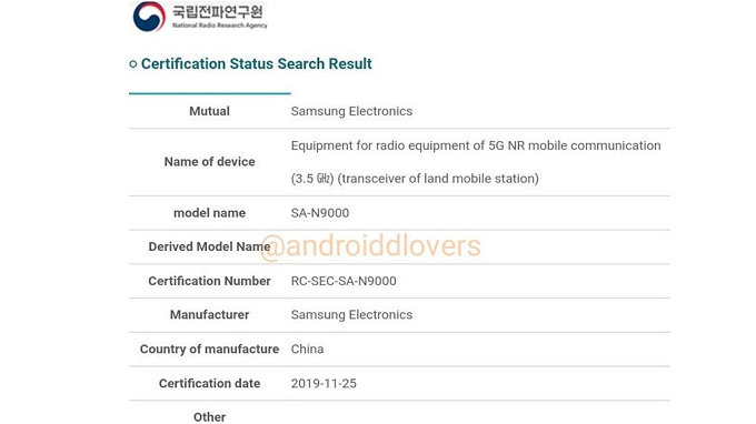 giấy phép của Hàn Quốc dành cho SA-N9000