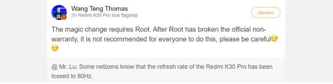 Tần số quét Redmi K30 Pro có thể tăng lên thông qua phần mềm không chính thức
