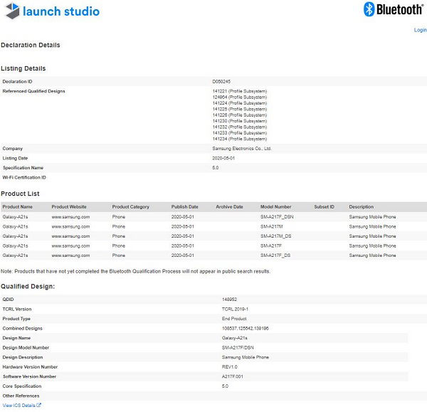 Galaxy A21s đạt chứng nhận tại Bluetooth SIG, ngày ra mắt đang đến gần rồi