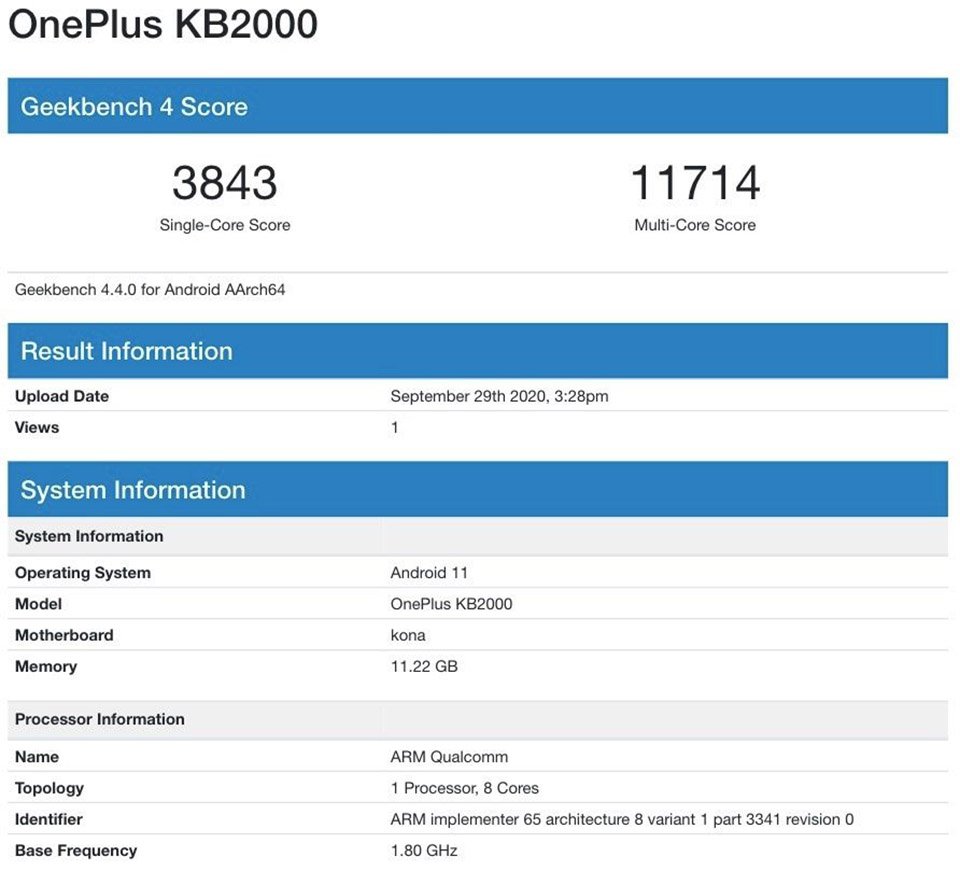 Cấu hình OnePlus 8T với chip Snapdragon 865, RAM 12GB xuất hiện trên Geekbench trước thềm ra mắt