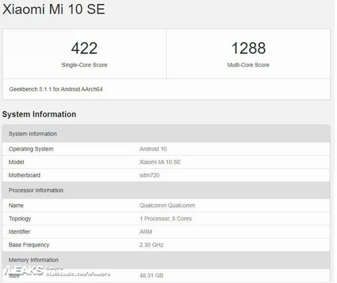 Xiaomi mi 10 SE sẽ được cung cấp sức mạnh từ bộ vi xử lý Qualcomm Snapdragon 720G