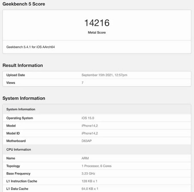 Kết quả hiển thị trên Geekbench cho thấy, iPhone 13 Pro đã đạt đạt được là 14.216 điểm