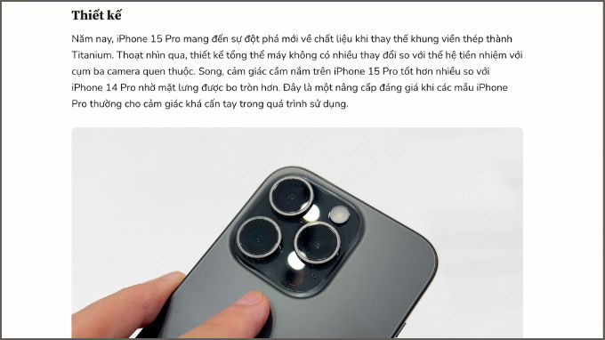 Phần đánh giá về thiết kế của iPhone 15 Pro trên trang Vật Vờ Studio