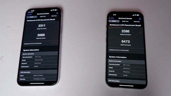 Điểm chuẩn hiệu năng iPhone 14 Plus (trái) và iPhone 15 (phải)