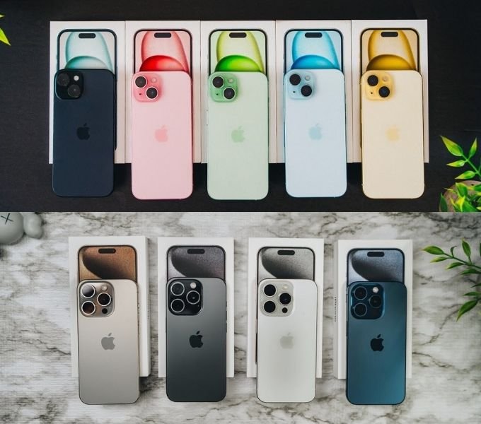Bảng màu của iPhone 15 Plus (trên) và iPhone 15 Pro (dưới)