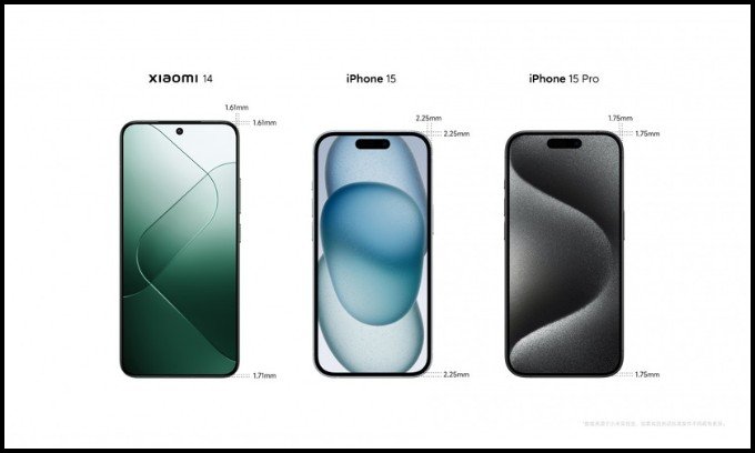 Kích thước viền so sánh giữa Xiaomi 14 và iPhone 15