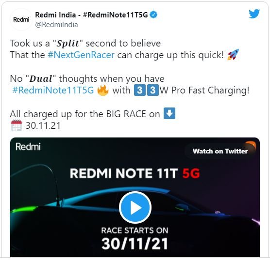 Redmi Note 11T được xác nhận sẽ hỗ trợ sạc nhanh 33W, ra mắt ngày 30/11