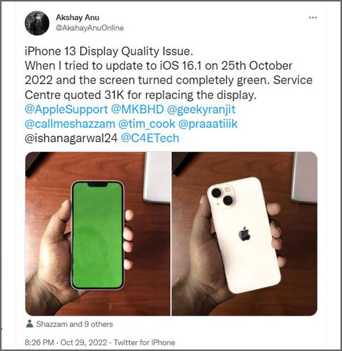 Lỗi màn hình xanh trên iPhone 13 được chia sẻ trên Twitter