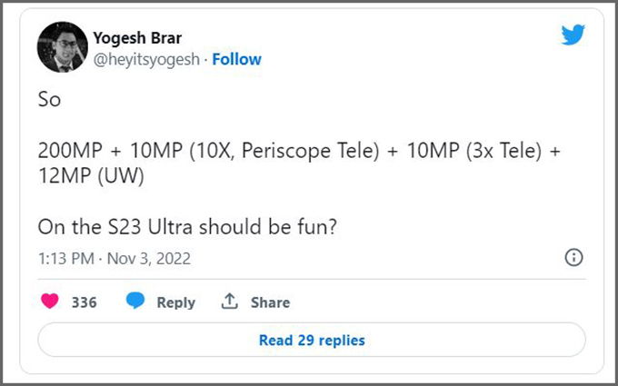 Thông số các ống kính của Galaxy S23 Ultra được tiết lộ bởi Yogesh Brar 