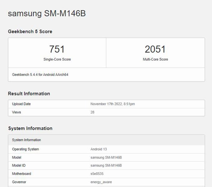 Điểm số Geekbench của Samsung Galaxy M14 được tiết lộ 