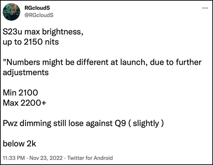 Dòng Tweet của leaker RGcloudS về việc Galaxy S23 Ultra tăng cường độ sáng tối đa