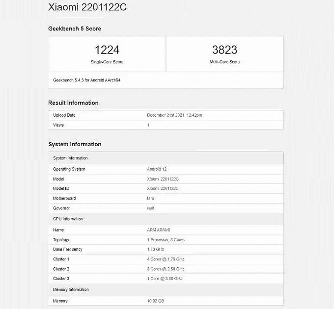 Xiaomi 12 Pro sẽ có mã model là 2201122C