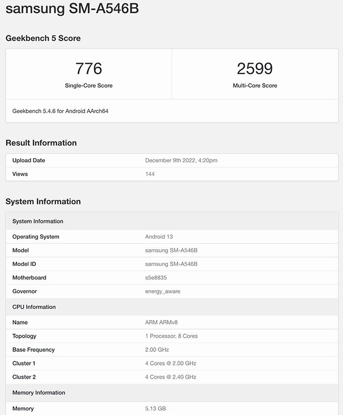 Thông số hiệu năng của Galaxy A54 trên thang điểm GeekBench