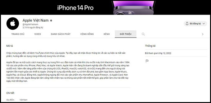 Phần mô tả của kênh Youtube Apple Việt Nam mới được ghi chú