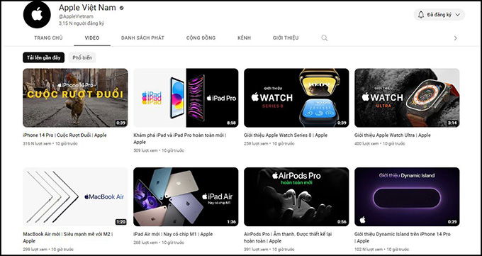 Giao diện mới nhất của kênh Youtube Apple Việt Nam